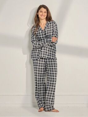 THE SLEEP CODE 100% Cotton Brushed Flannel Long PJ Set Black & White Plaid SMALL